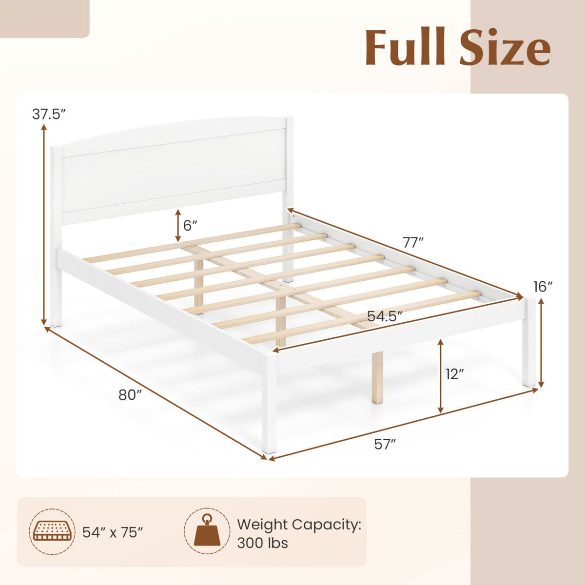 Full Size Wooden Platform Bed Frame with Curved Headboard-White-Beds & Bed Frames-DECOROLALA