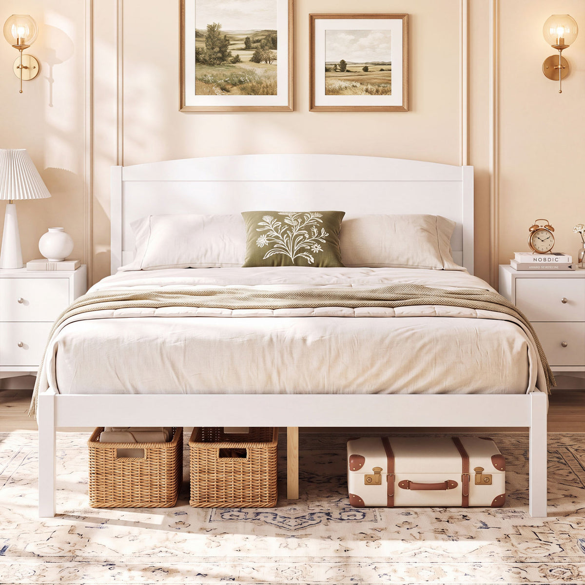 Full Size Wooden Platform Bed Frame with Curved Headboard-White-Beds & Bed Frames-DECOROLALA
