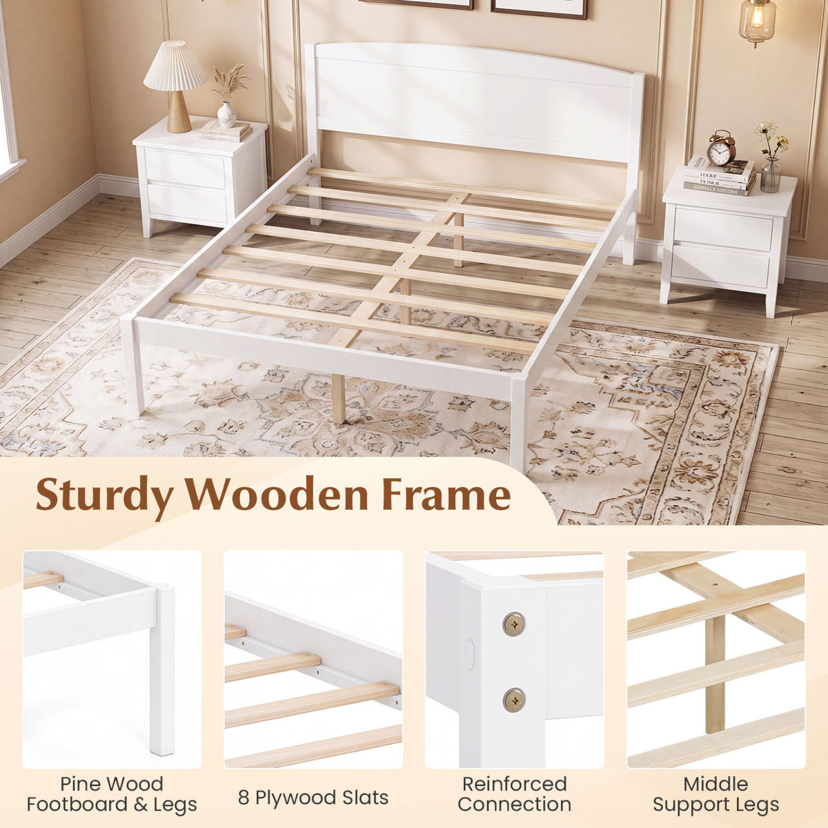Full Size Wooden Platform Bed Frame with Curved Headboard-White-Beds & Bed Frames-DECOROLALA