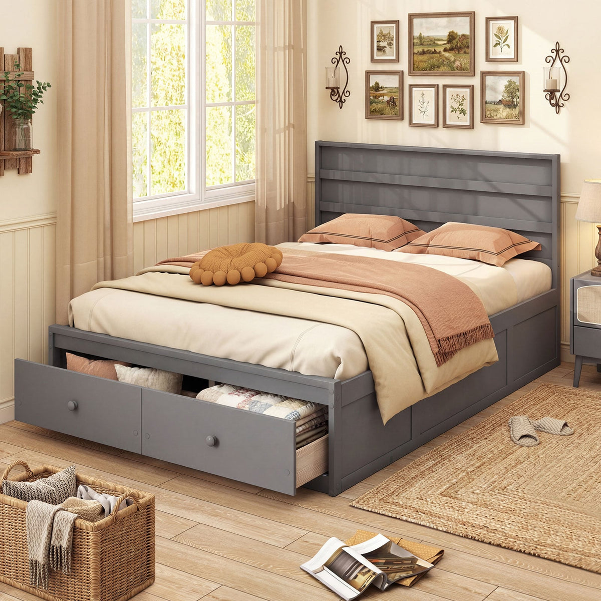 Full Size Wooden Platform Bed Frame with Storage Drawers-Gray-Simple Bed Frame-DECOROLALA