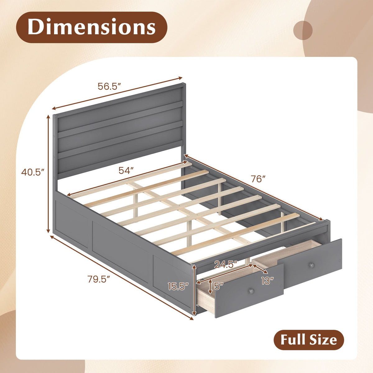 Full Size Wooden Platform Bed Frame with Storage Drawers-Gray-Simple Bed Frame-DECOROLALA