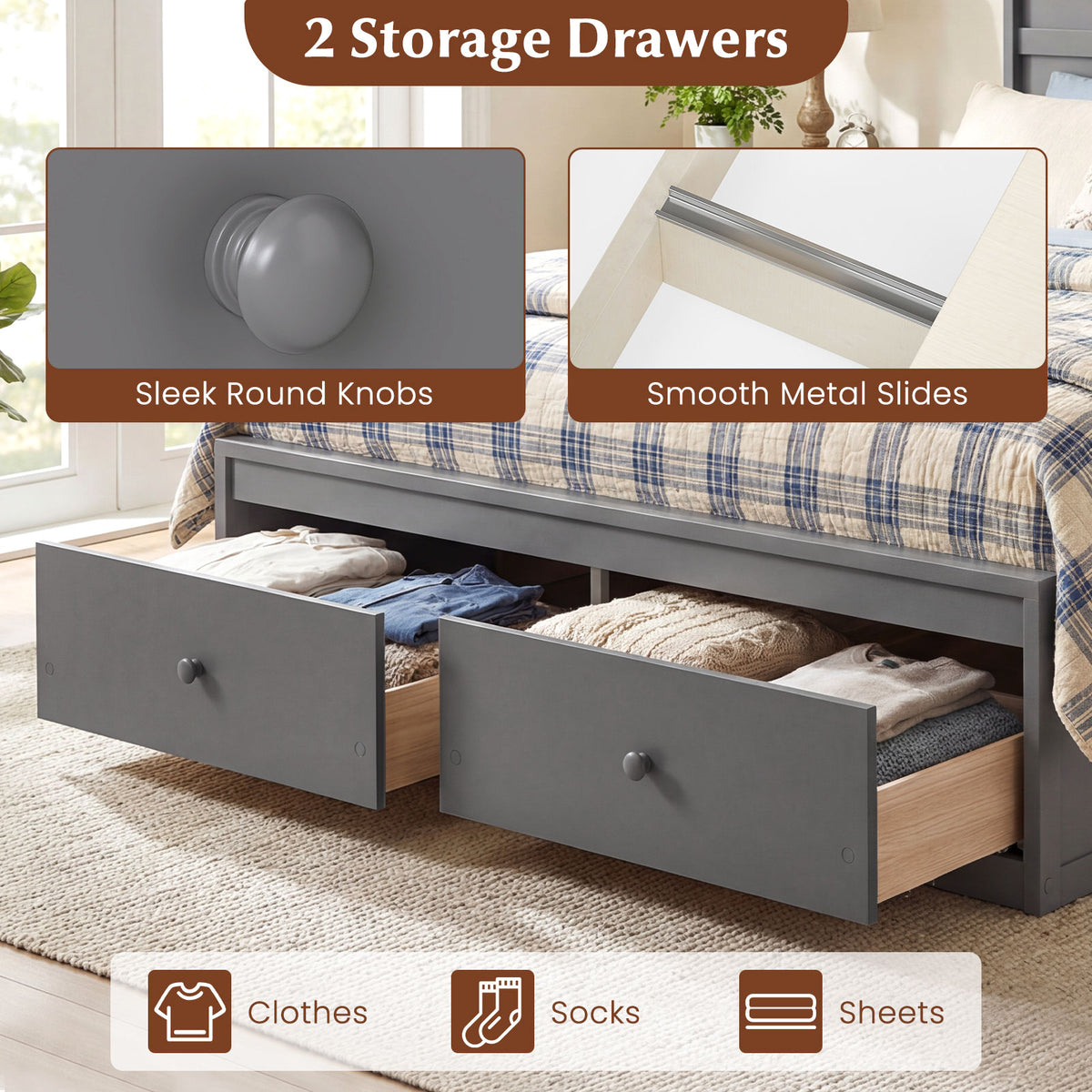Full Size Wooden Platform Bed Frame with Storage Drawers-Gray-Simple Bed Frame-DECOROLALA