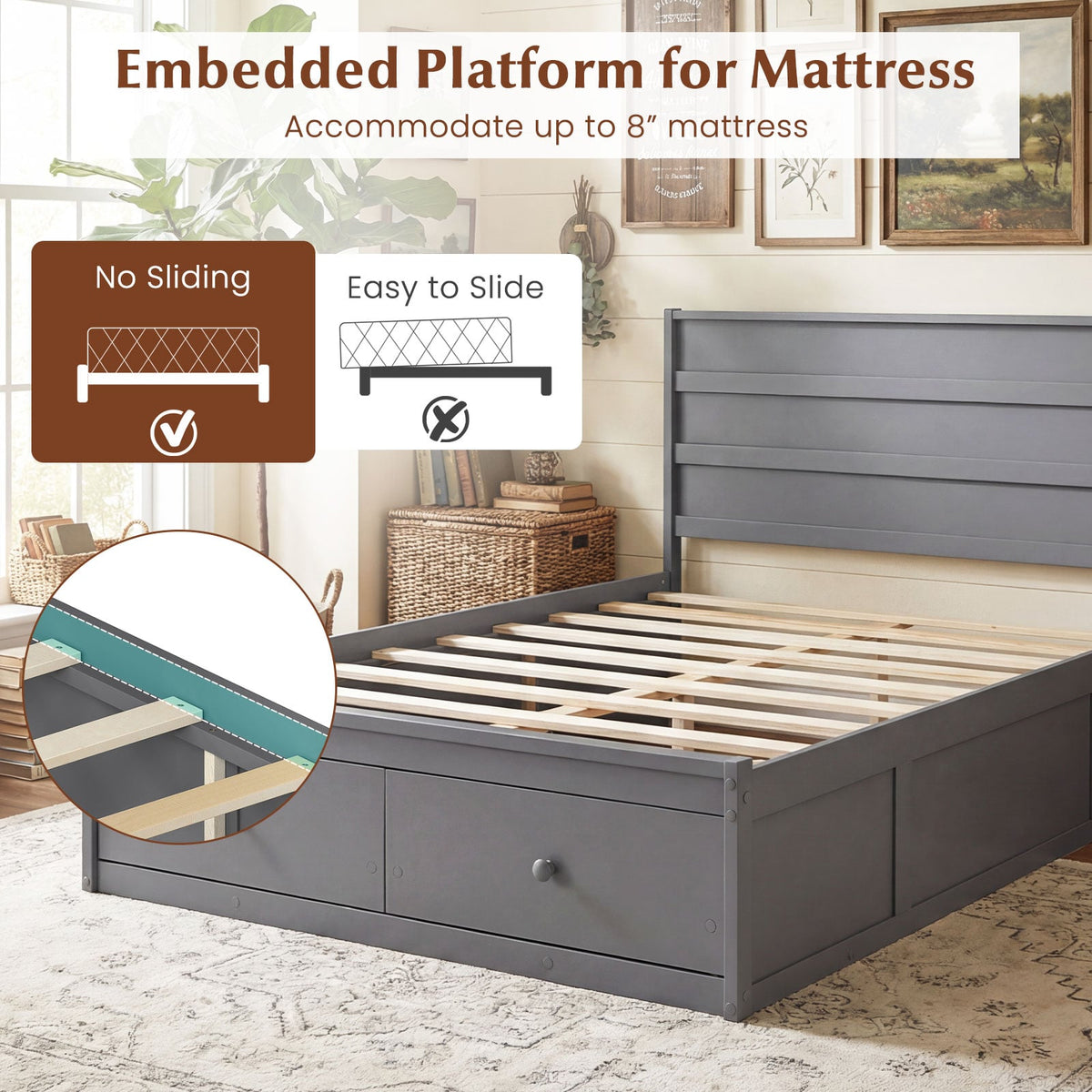Full Size Wooden Platform Bed Frame with Storage Drawers-Gray-Simple Bed Frame-DECOROLALA