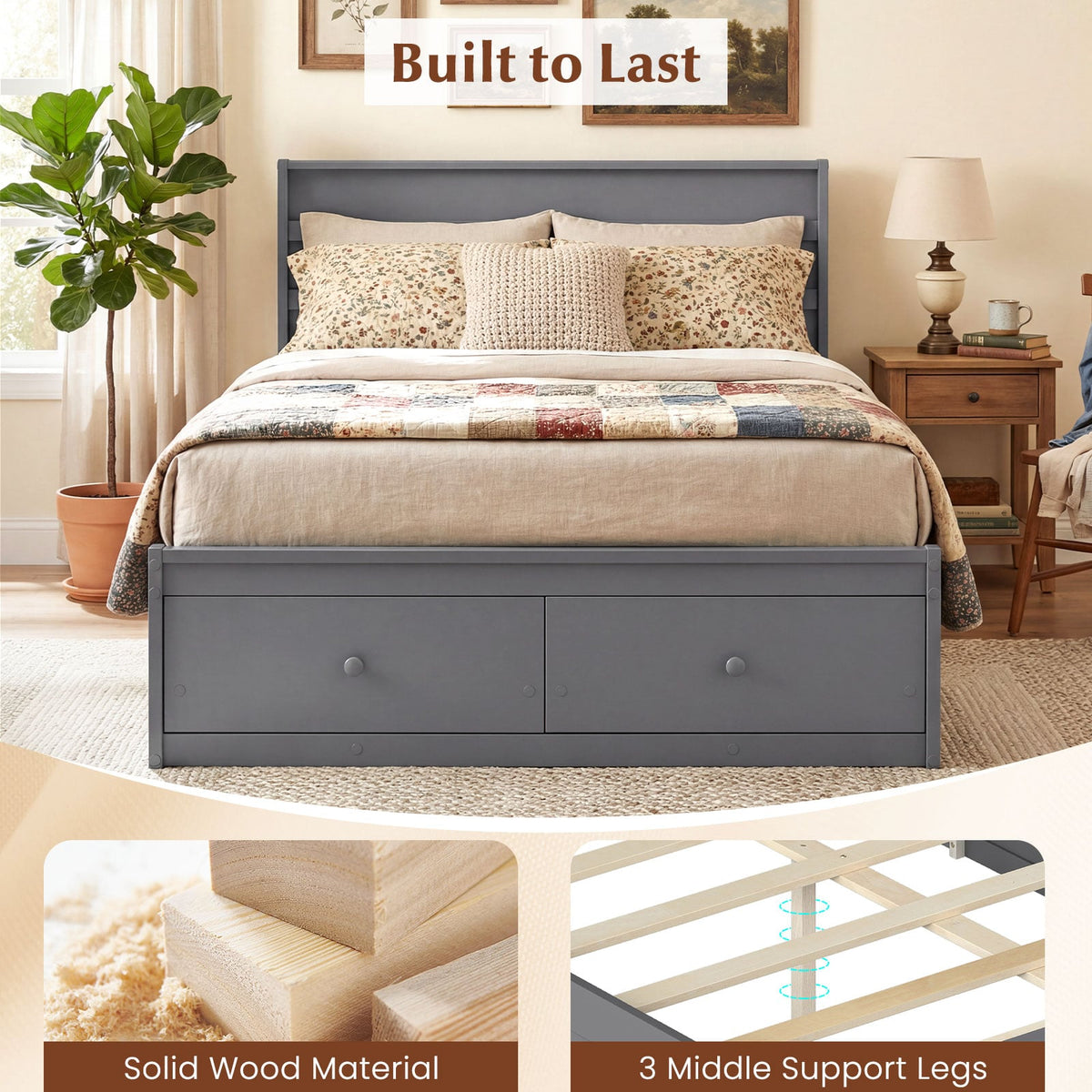 Full Size Wooden Platform Bed Frame with Storage Drawers-Gray-Simple Bed Frame-DECOROLALA
