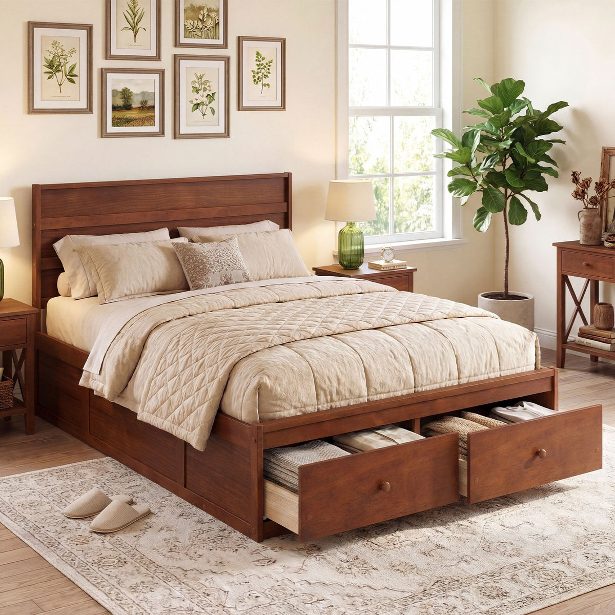 Full Size Wooden Platform Bed Frame with Storage Drawers-Simple Bed Frame-DECOROLALA