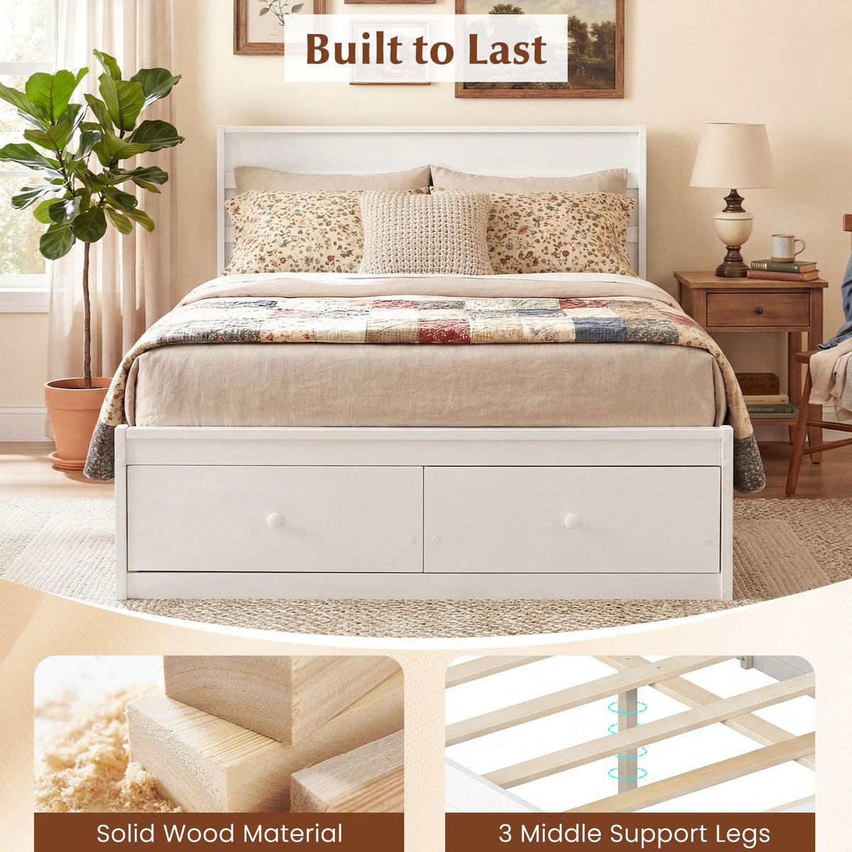 Full Size Wooden Platform Bed Frame with Storage Drawers-Simple Bed Frame-DECOROLALA