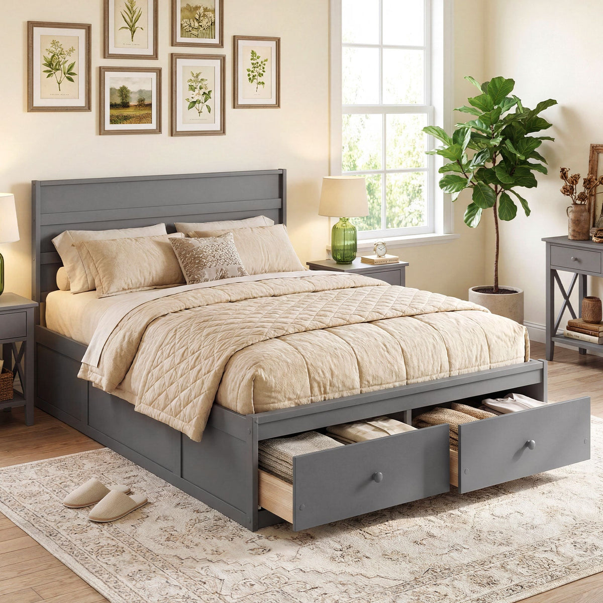 Full Size Wooden Platform Bed Frame with Storage Drawers-Simple Bed Frame-DECOROLALA