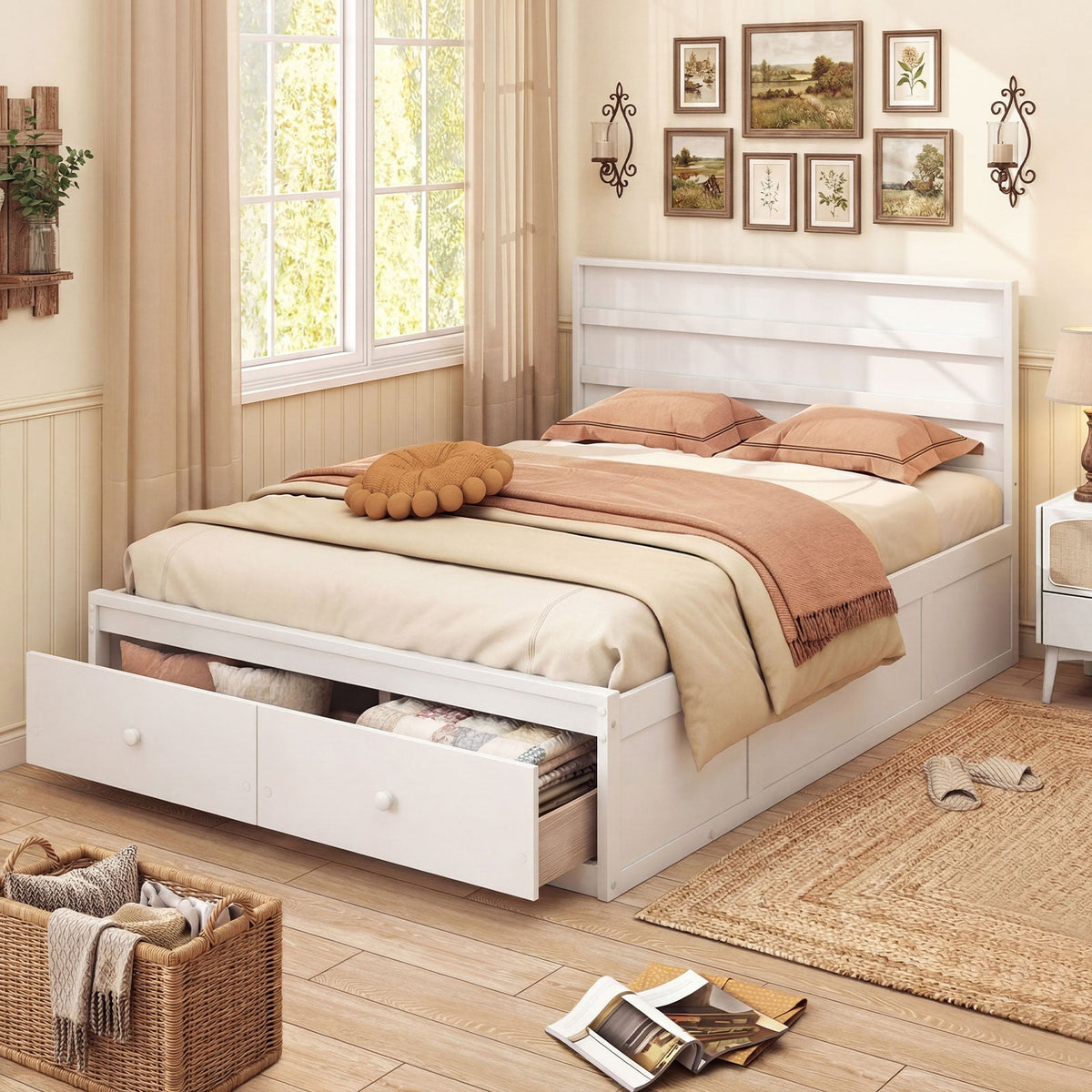Full Size Wooden Platform Bed Frame with Storage Drawers-Simple Bed Frame-DECOROLALA