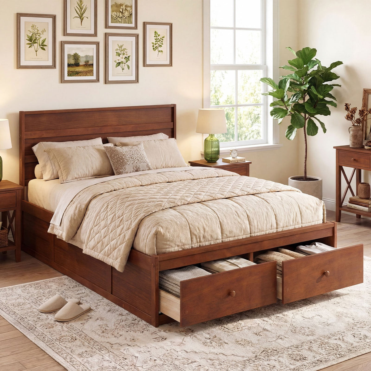 Full Size Wooden Platform Bed Frame with Storage Drawers-Walnut-Simple Bed Frame-DECOROLALA