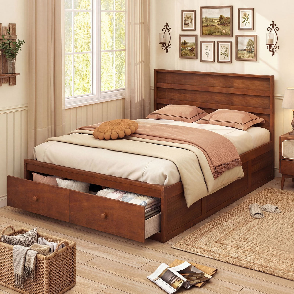 Full Size Wooden Platform Bed Frame with Storage Drawers-Walnut-Simple Bed Frame-DECOROLALA