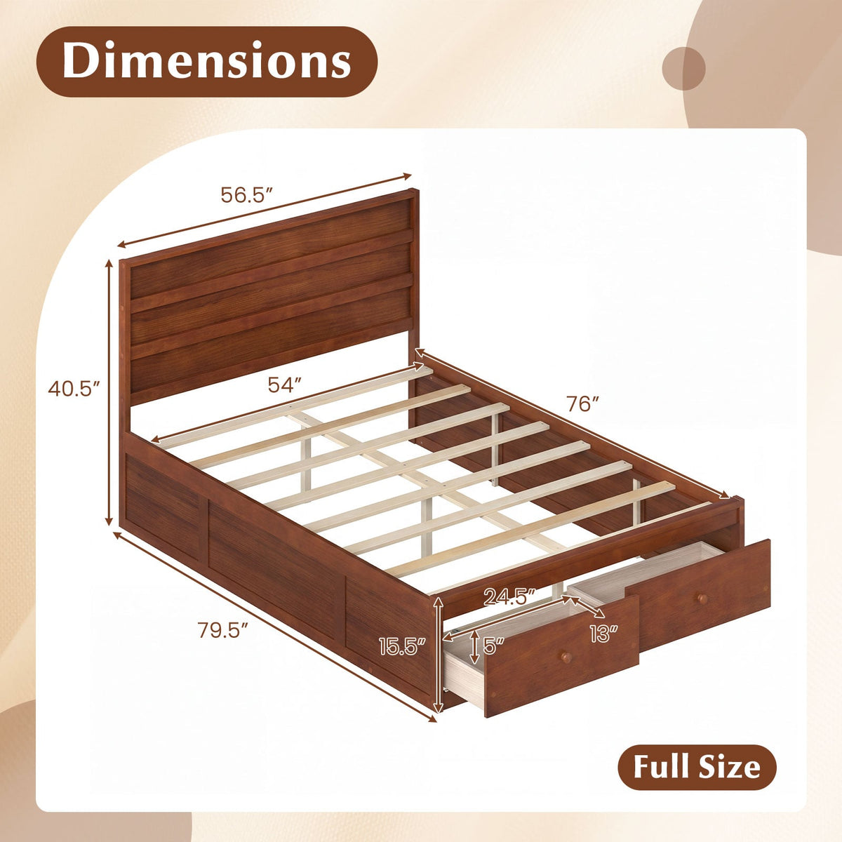 Full Size Wooden Platform Bed Frame with Storage Drawers-Walnut-Simple Bed Frame-DECOROLALA