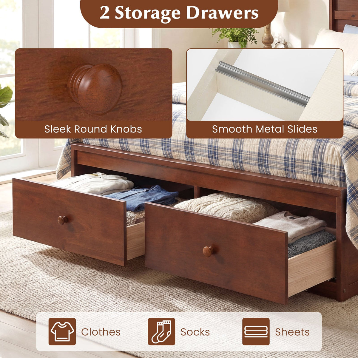 Full Size Wooden Platform Bed Frame with Storage Drawers-Walnut-Simple Bed Frame-DECOROLALA