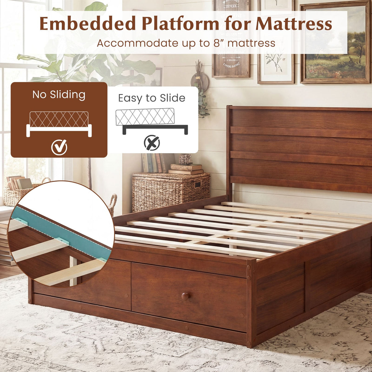 Full Size Wooden Platform Bed Frame with Storage Drawers-Walnut-Simple Bed Frame-DECOROLALA