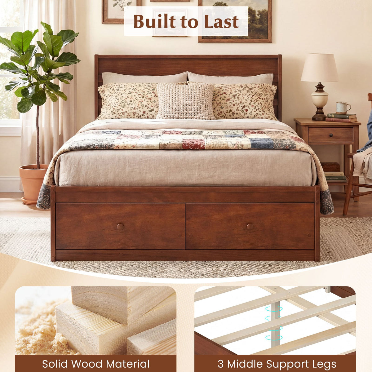 Full Size Wooden Platform Bed Frame with Storage Drawers-Walnut-Simple Bed Frame-DECOROLALA