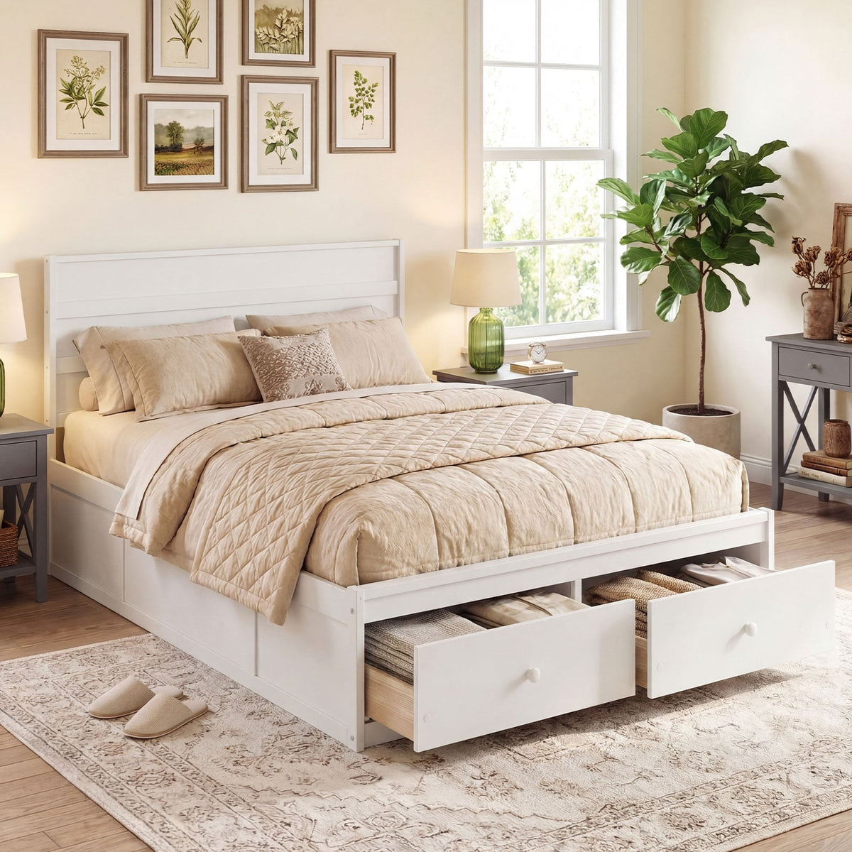 Full Size Wooden Platform Bed Frame with Storage Drawers-White-Simple Bed Frame-DECOROLALA