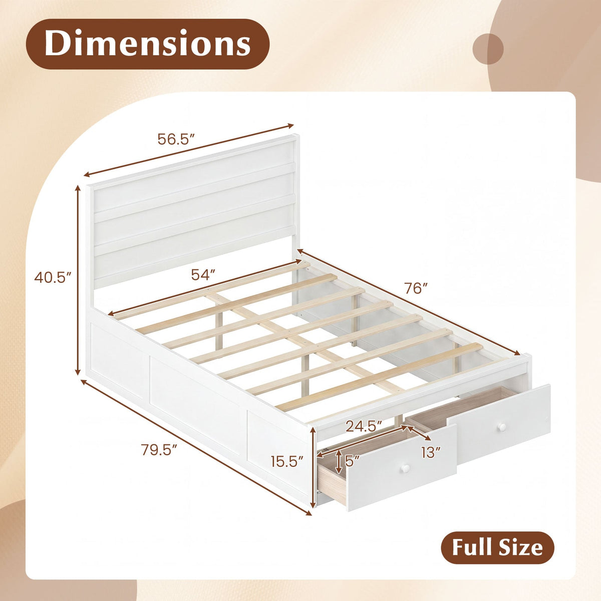 Full Size Wooden Platform Bed Frame with Storage Drawers-White-Simple Bed Frame-DECOROLALA