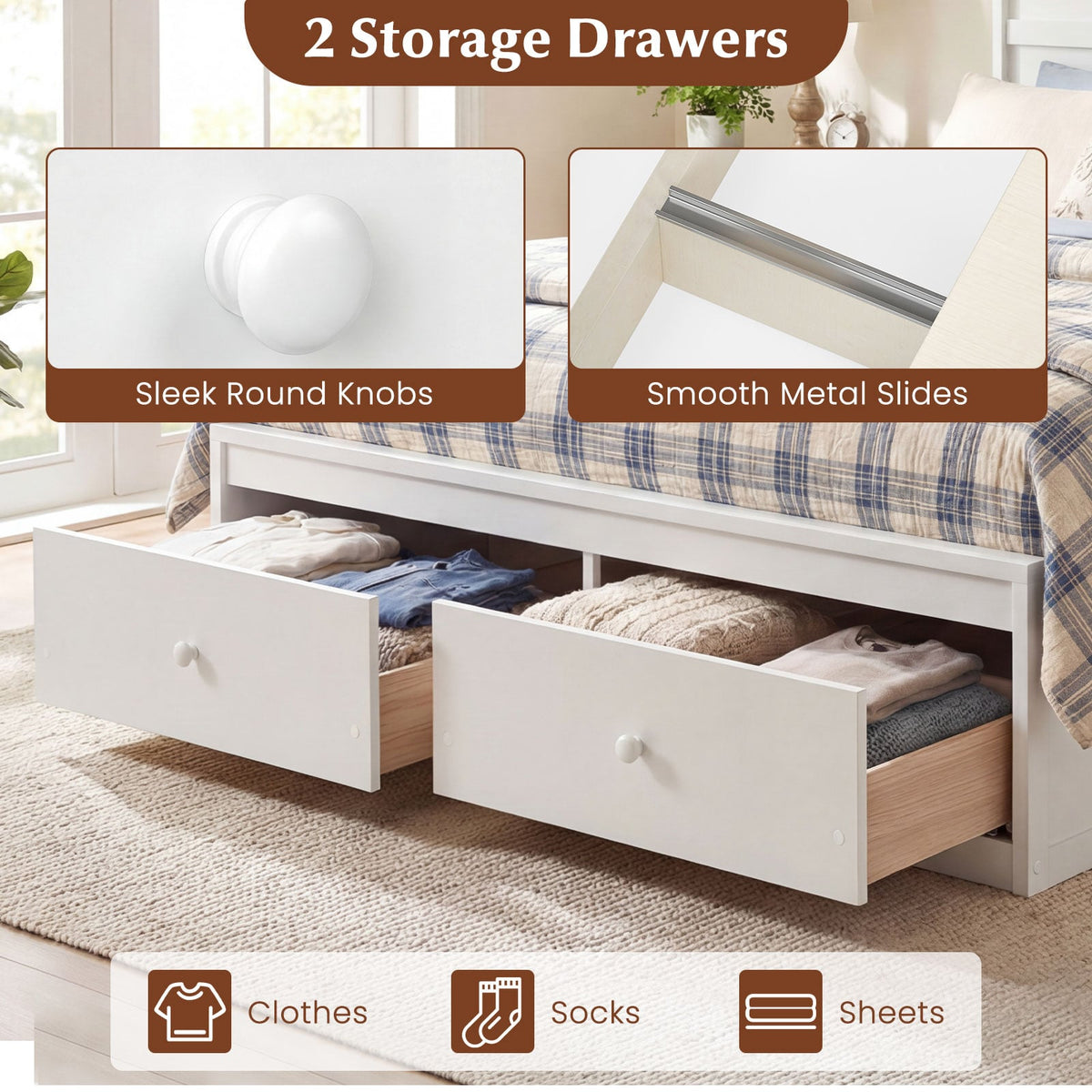 Full Size Wooden Platform Bed Frame with Storage Drawers-White-Simple Bed Frame-DECOROLALA