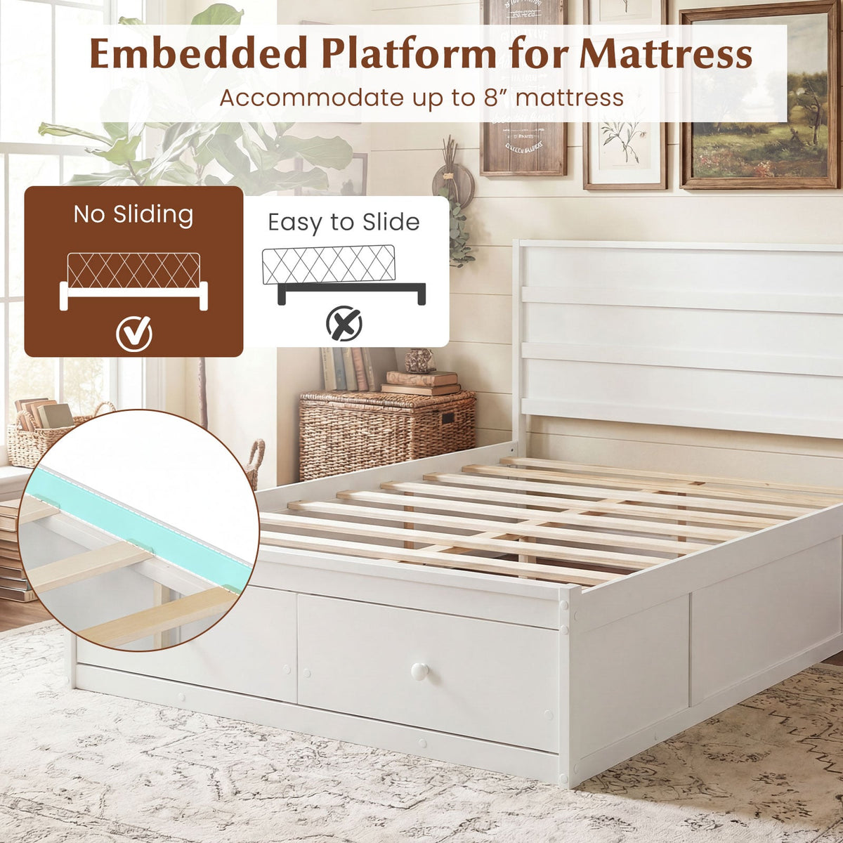 Full Size Wooden Platform Bed Frame with Storage Drawers-White-Simple Bed Frame-DECOROLALA