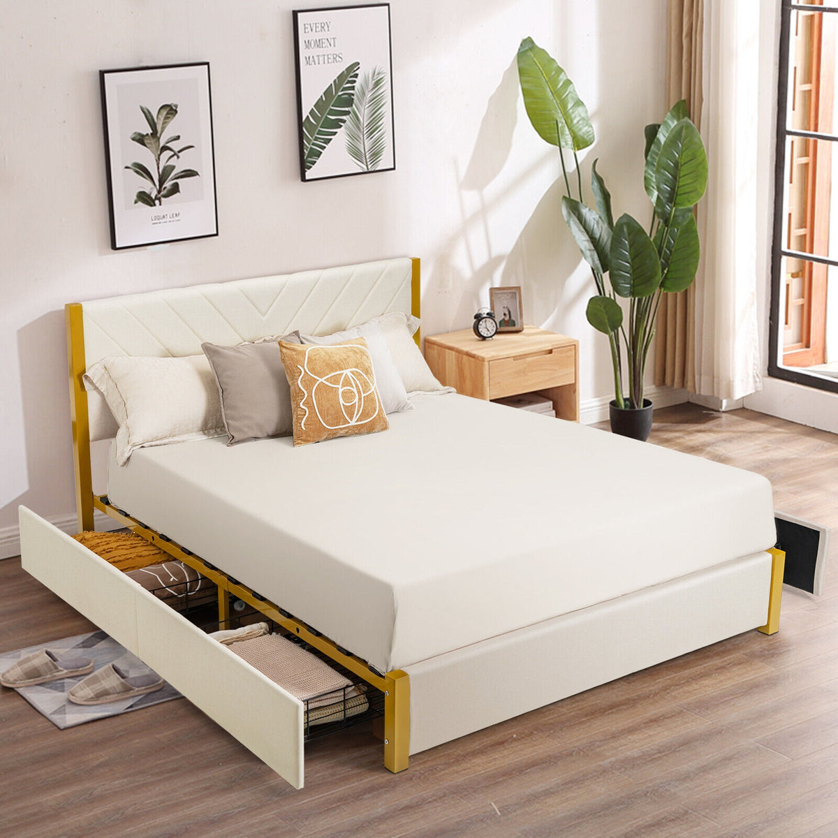 Full Size/Queen Size Upholstered Bed Frame with Adjustable Headboard and 4 Drawers-Full Size-Simple Bed Frame-DECOROLALA