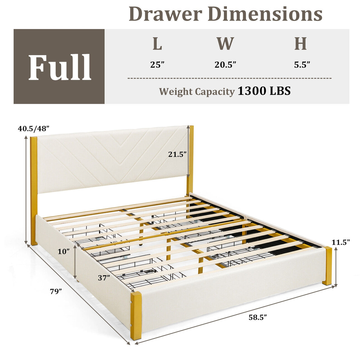 Full Size/Queen Size Upholstered Bed Frame with Adjustable Headboard and 4 Drawers-Full Size-Simple Bed Frame-DECOROLALA