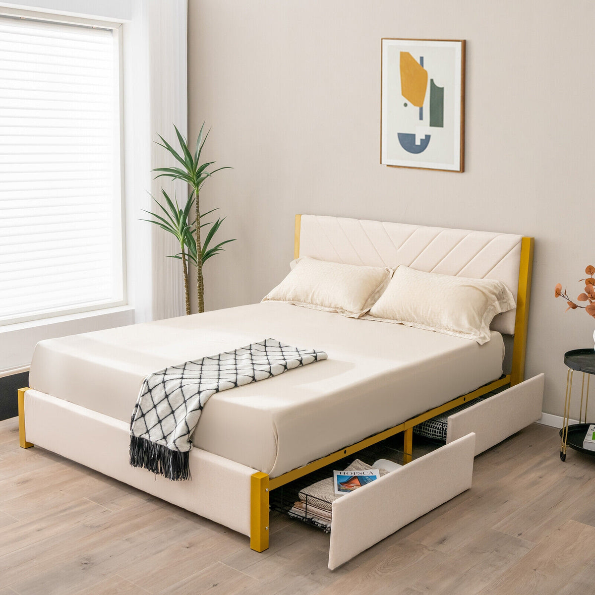 Full Size/Queen Size Upholstered Bed Frame with Adjustable Headboard and 4 Drawers-Full Size-Simple Bed Frame-DECOROLALA