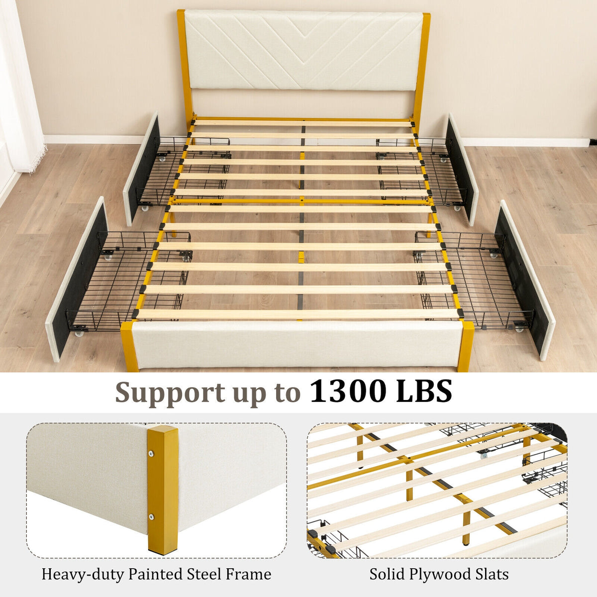 Full Size/Queen Size Upholstered Bed Frame with Adjustable Headboard and 4 Drawers-Full Size-Simple Bed Frame-DECOROLALA