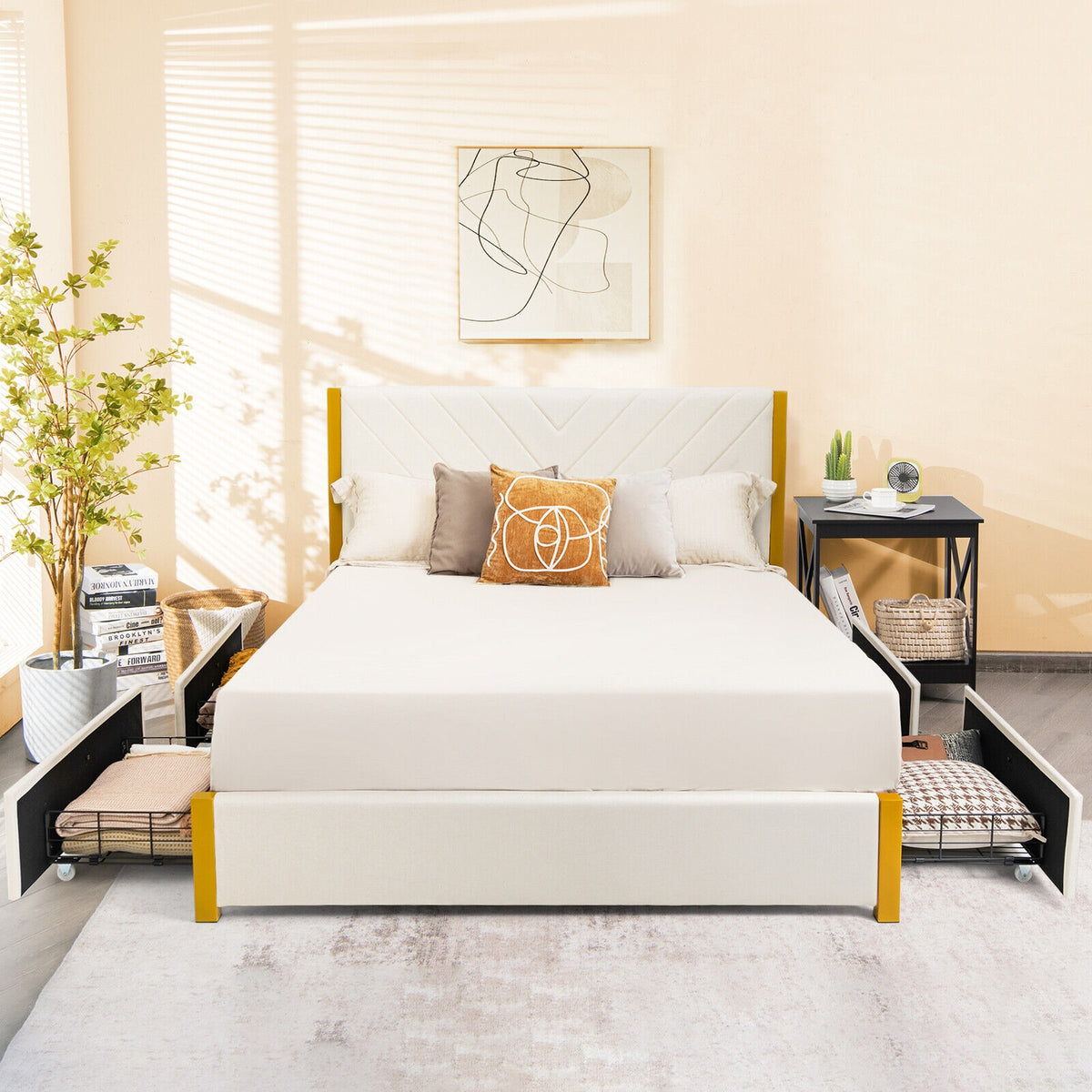 Full Size/Queen Size Upholstered Bed Frame with Adjustable Headboard and 4 Drawers-Queen Size-Simple Bed Frame-DECOROLALA