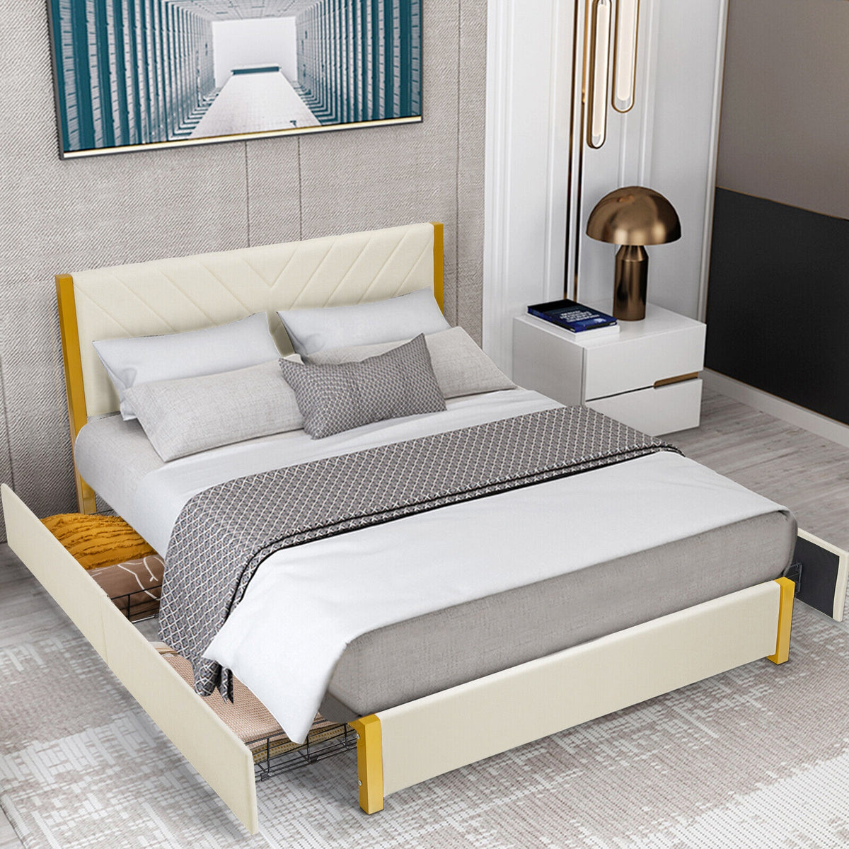 Full Size/Queen Size Upholstered Bed Frame with Adjustable Headboard and 4 Drawers-Queen Size-Simple Bed Frame-DECOROLALA