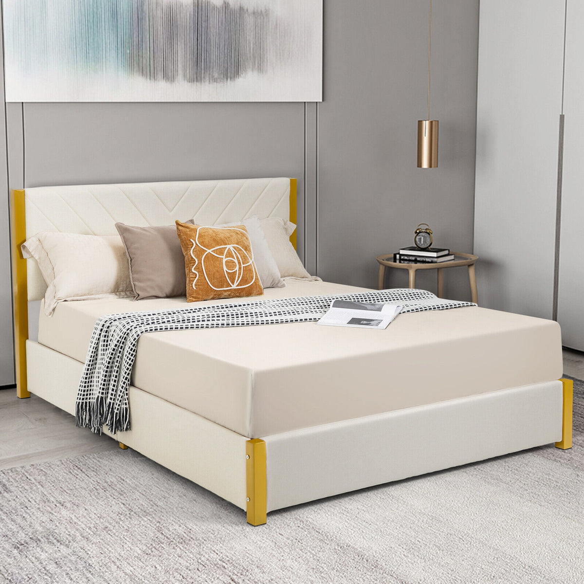 Full Size/Queen Size Upholstered Bed Frame with Adjustable Headboard and 4 Drawers-Queen Size-Simple Bed Frame-DECOROLALA