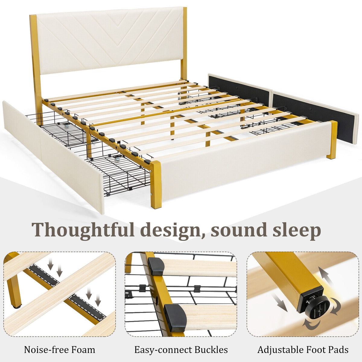 Full Size/Queen Size Upholstered Bed Frame with Adjustable Headboard and 4 Drawers-Queen Size-Simple Bed Frame-DECOROLALA