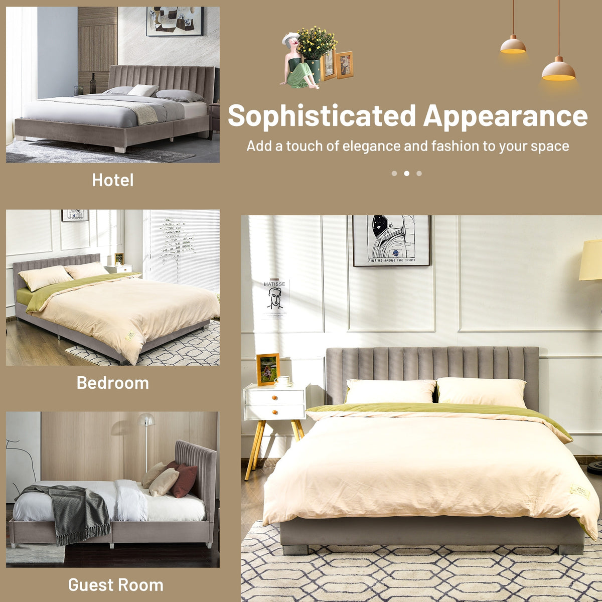 Full Tufted Upholstered Platform Bed Frame with Flannel Headboard-Light Gray-Simple Bed Frame-DECOROLALA