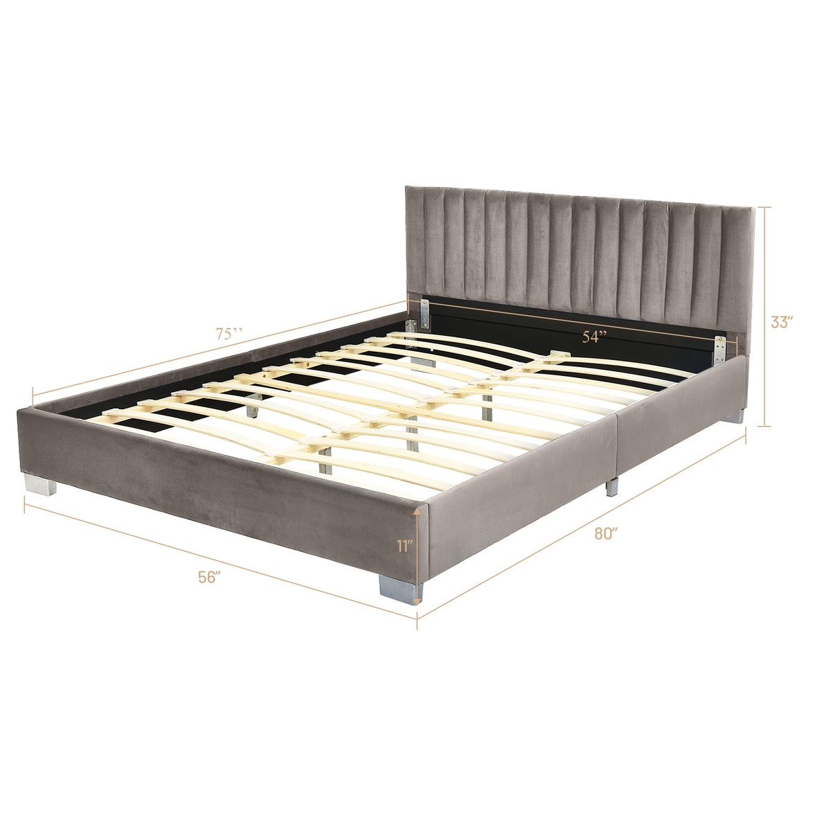 Full Tufted Upholstered Platform Bed Frame with Flannel Headboard-Light Gray-Simple Bed Frame-DECOROLALA