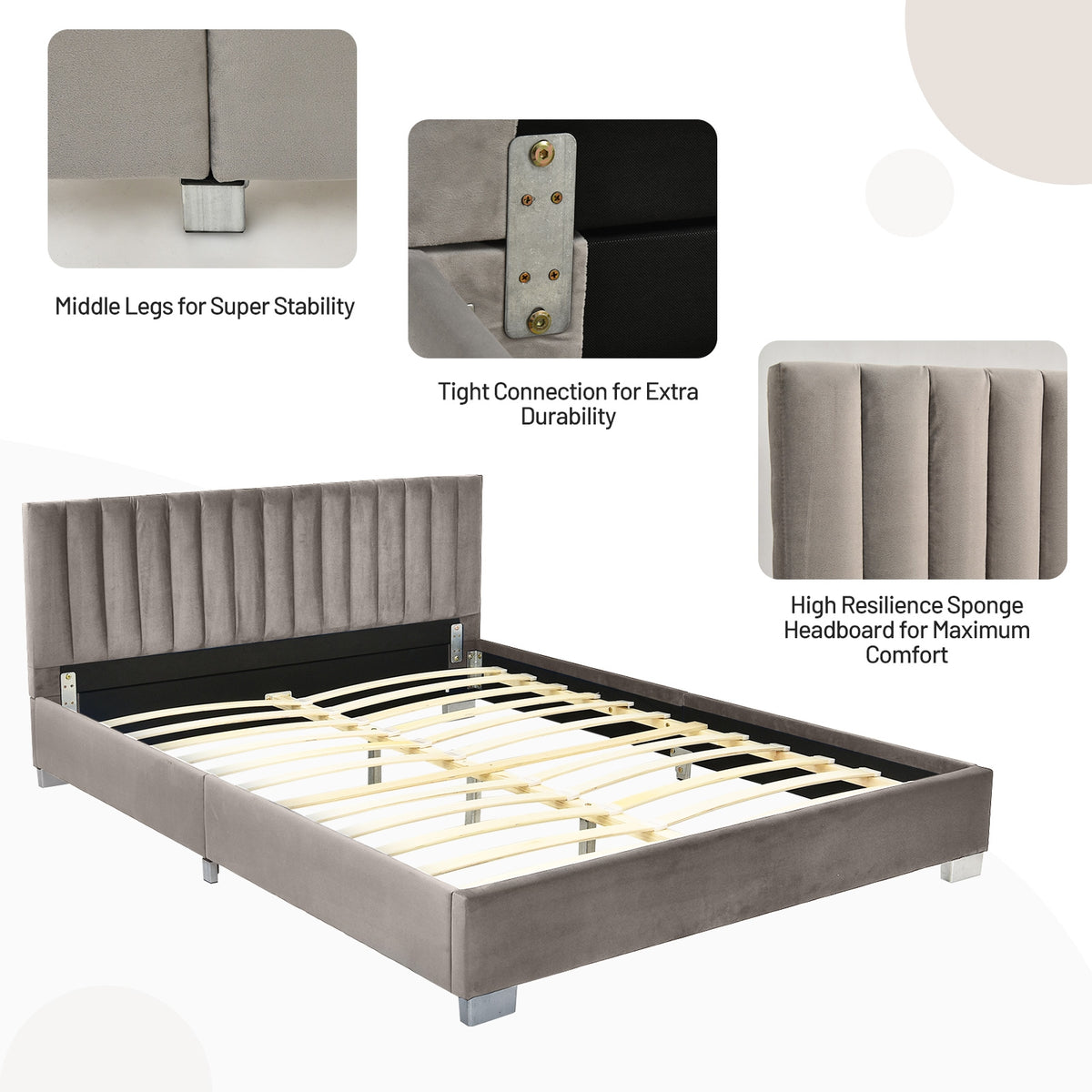 Full Tufted Upholstered Platform Bed Frame with Flannel Headboard-Light Gray-Simple Bed Frame-DECOROLALA