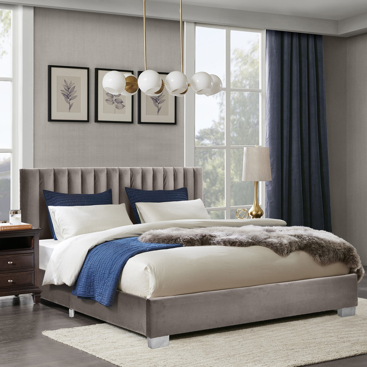 Full Tufted Upholstered Platform Bed Frame with Flannel Headboard-Light Gray-Simple Bed Frame-DECOROLALA