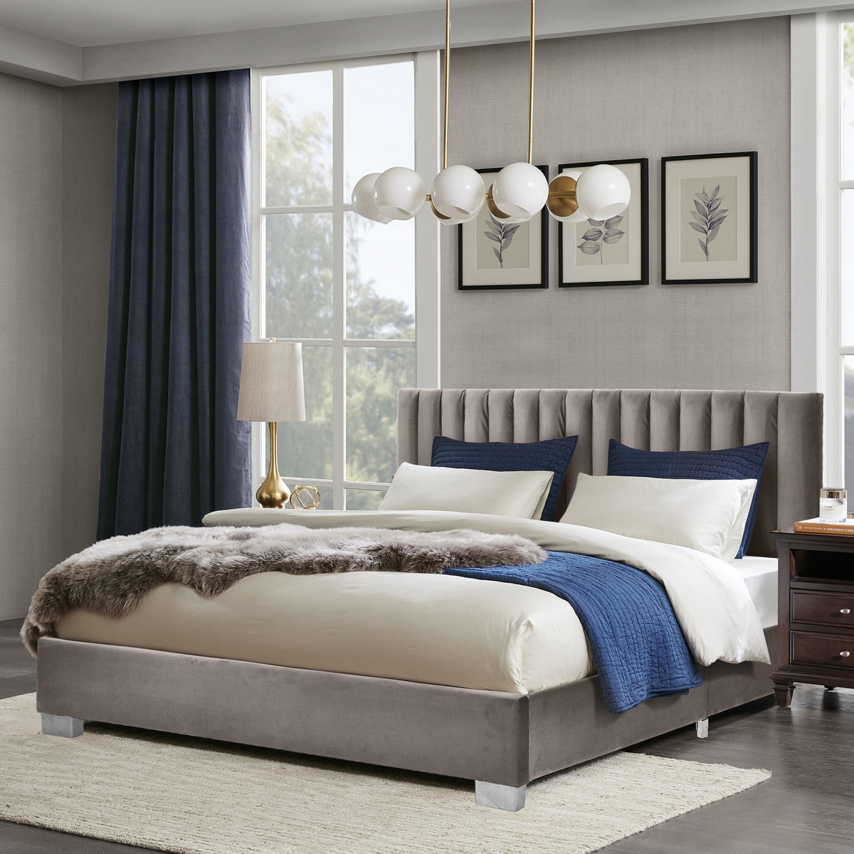 Full Tufted Upholstered Platform Bed Frame with Flannel Headboard-Light Gray-Simple Bed Frame-DECOROLALA