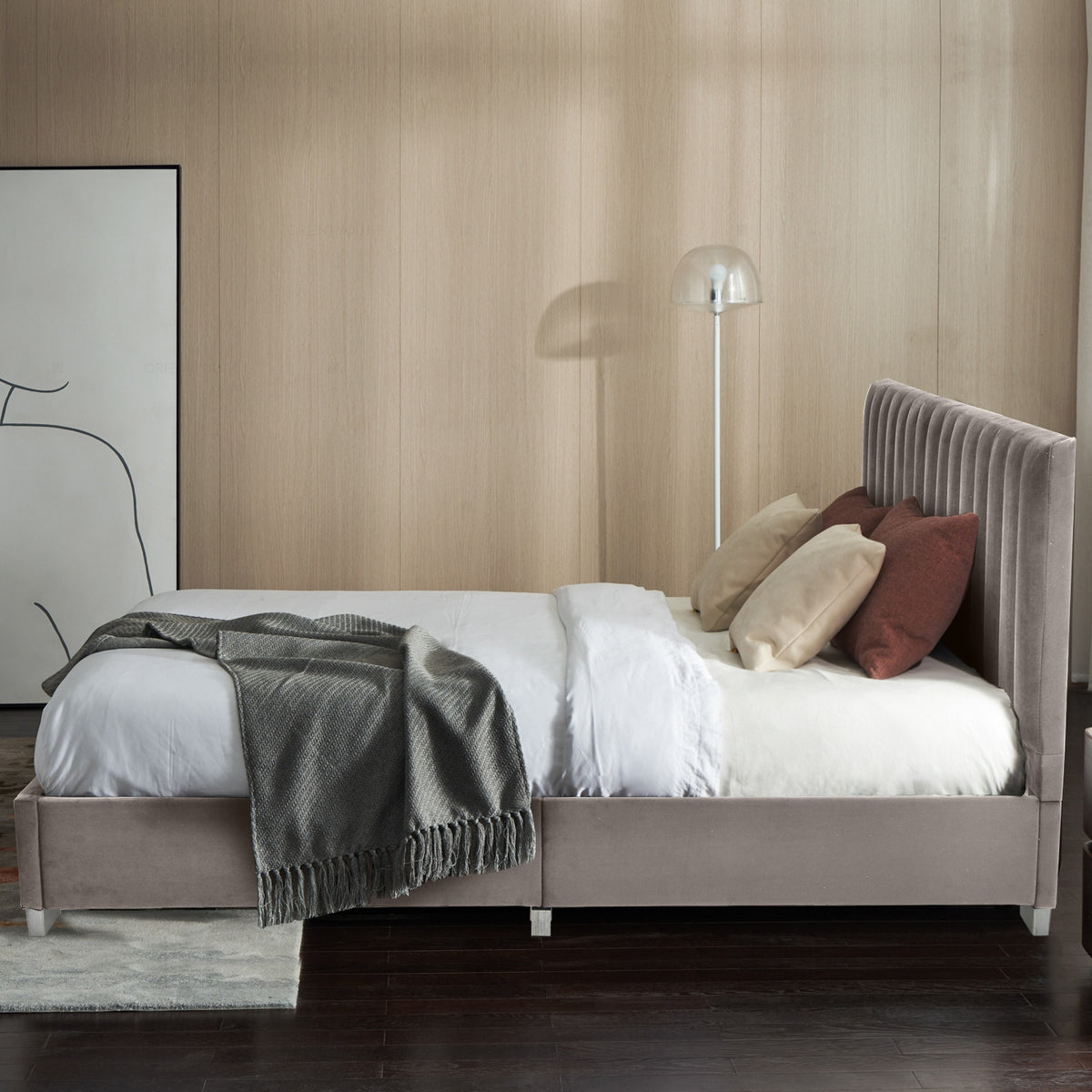 Full Tufted Upholstered Platform Bed Frame with Flannel Headboard-Light Gray-Simple Bed Frame-DECOROLALA