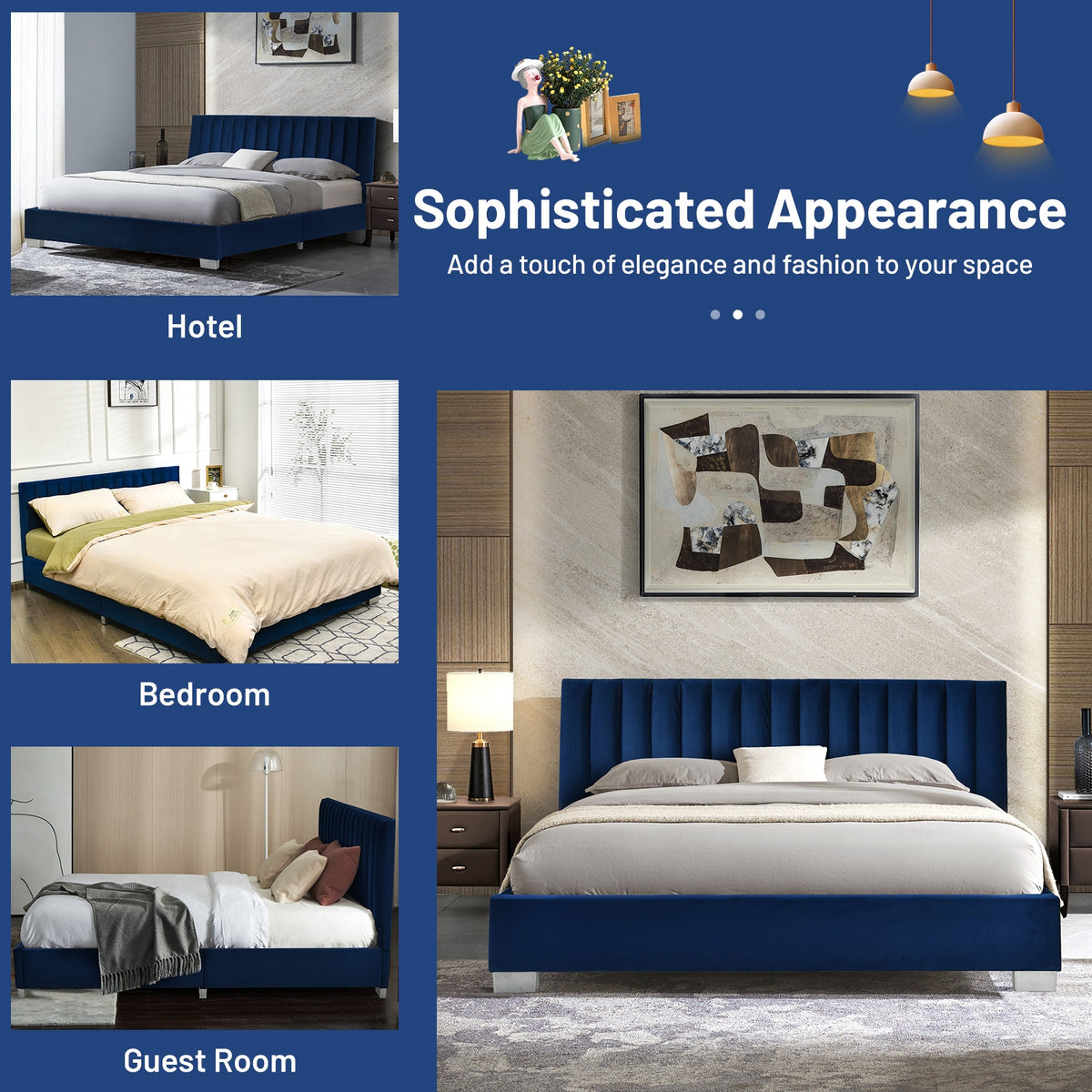 Full Tufted Upholstered Platform Bed Frame with Flannel Headboard-Navy-Simple Bed Frame-DECOROLALA