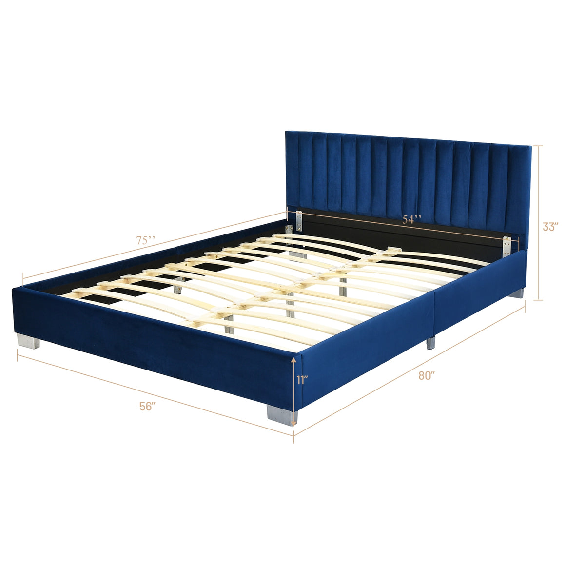 Full Tufted Upholstered Platform Bed Frame with Flannel Headboard-Navy-Simple Bed Frame-DECOROLALA