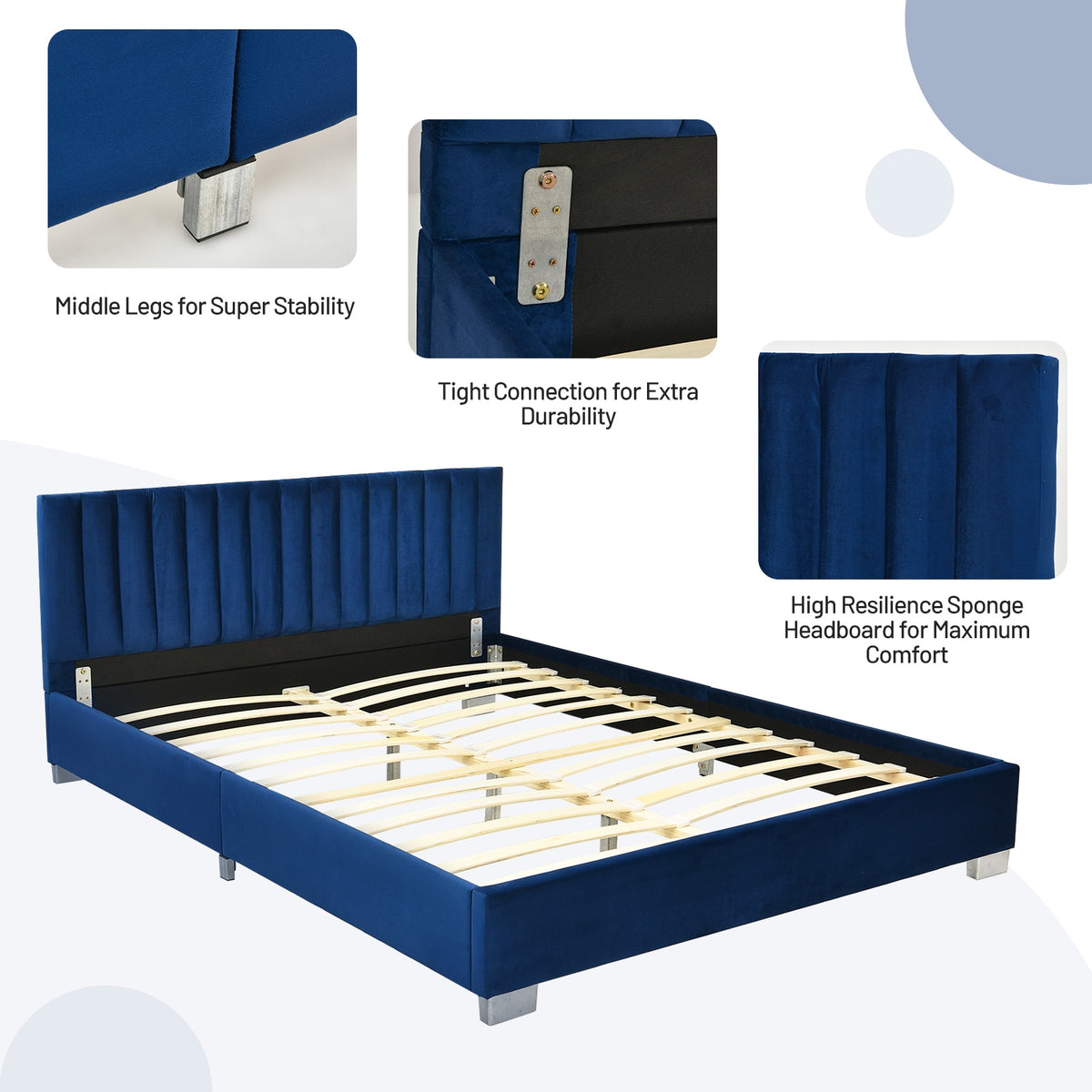 Full Tufted Upholstered Platform Bed Frame with Flannel Headboard-Navy-Simple Bed Frame-DECOROLALA