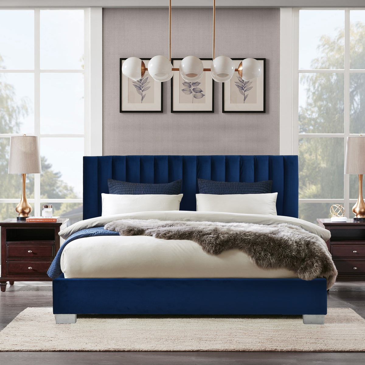 Full Tufted Upholstered Platform Bed Frame with Flannel Headboard-Navy-Simple Bed Frame-DECOROLALA