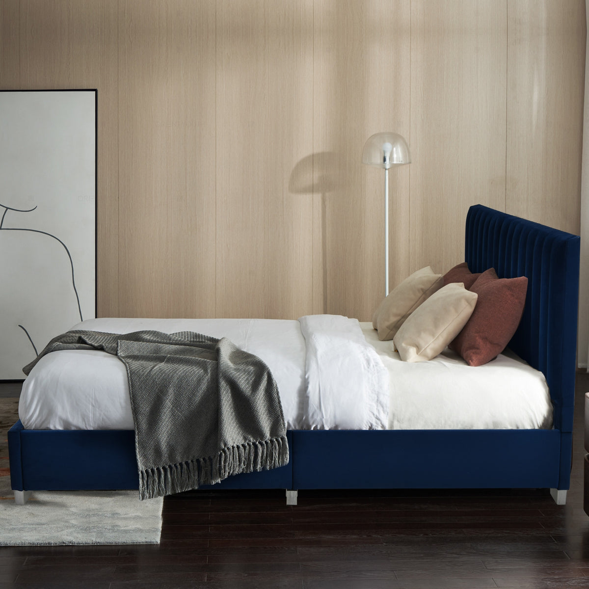 Full Tufted Upholstered Platform Bed Frame with Flannel Headboard-Navy-Simple Bed Frame-DECOROLALA