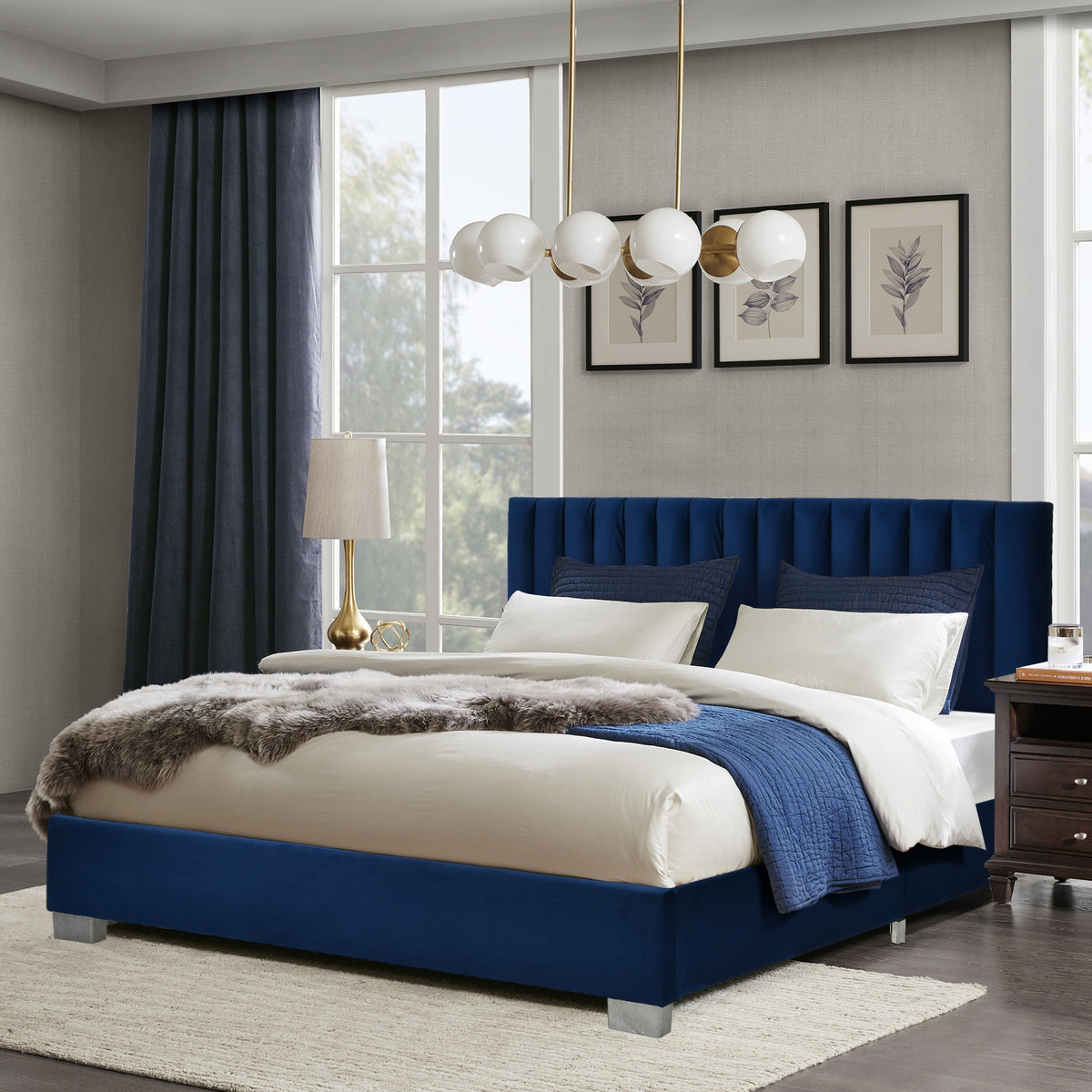 Full Tufted Upholstered Platform Bed Frame with Flannel Headboard-Navy-Simple Bed Frame-DECOROLALA