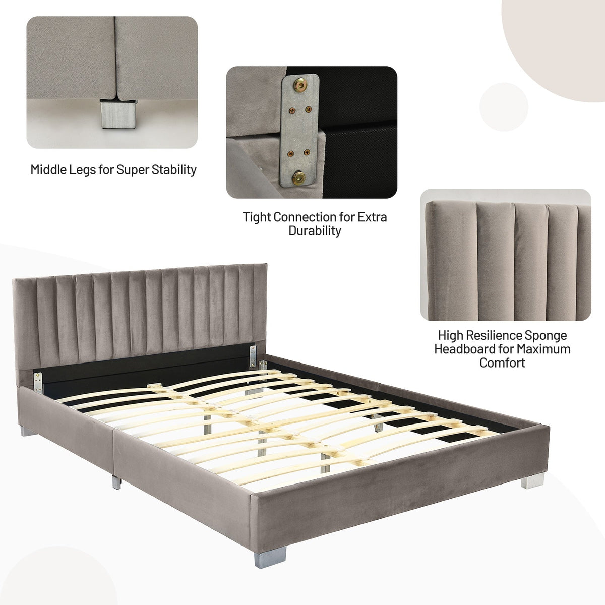 Full Tufted Upholstered Platform Bed Frame with Flannel Headboard-Simple Bed Frame-DECOROLALA