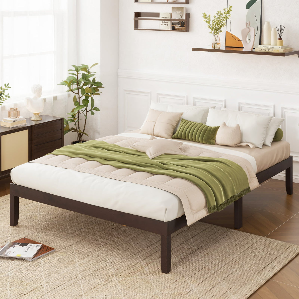Full Wood Bed Frame with Wooden Slats Support and Rubber Wood Legs-Espresso-Simple Bed Frame-DECOROLALA