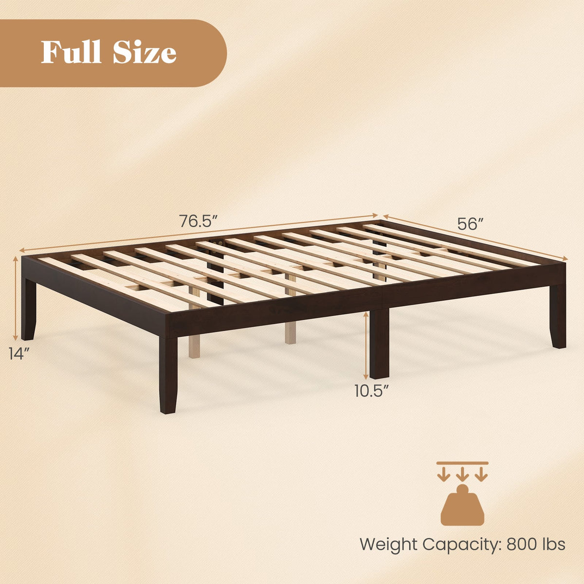Full Wood Bed Frame with Wooden Slats Support and Rubber Wood Legs-Espresso-Simple Bed Frame-DECOROLALA