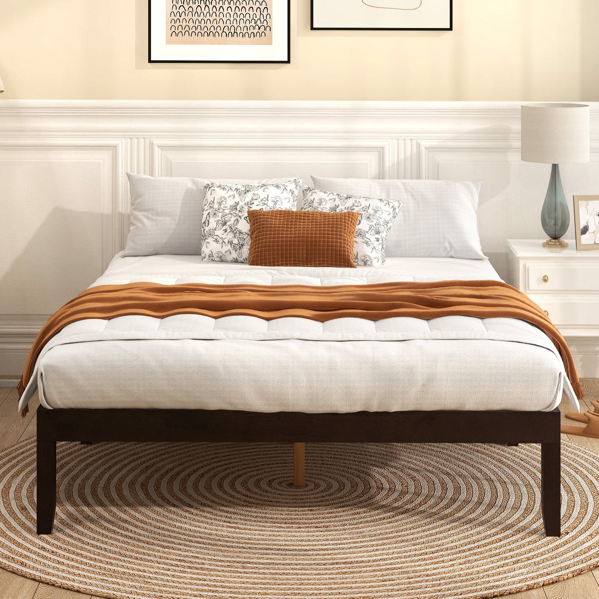 Full Wood Bed Frame with Wooden Slats Support and Rubber Wood Legs-Espresso-Simple Bed Frame-DECOROLALA
