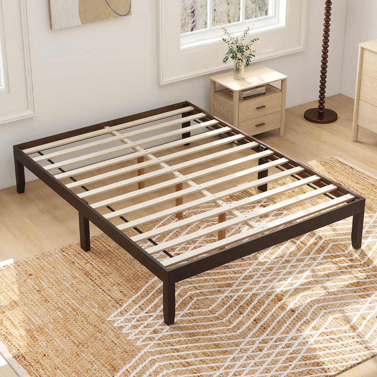 Full Wood Bed Frame with Wooden Slats Support and Rubber Wood Legs-Espresso-Simple Bed Frame-DECOROLALA