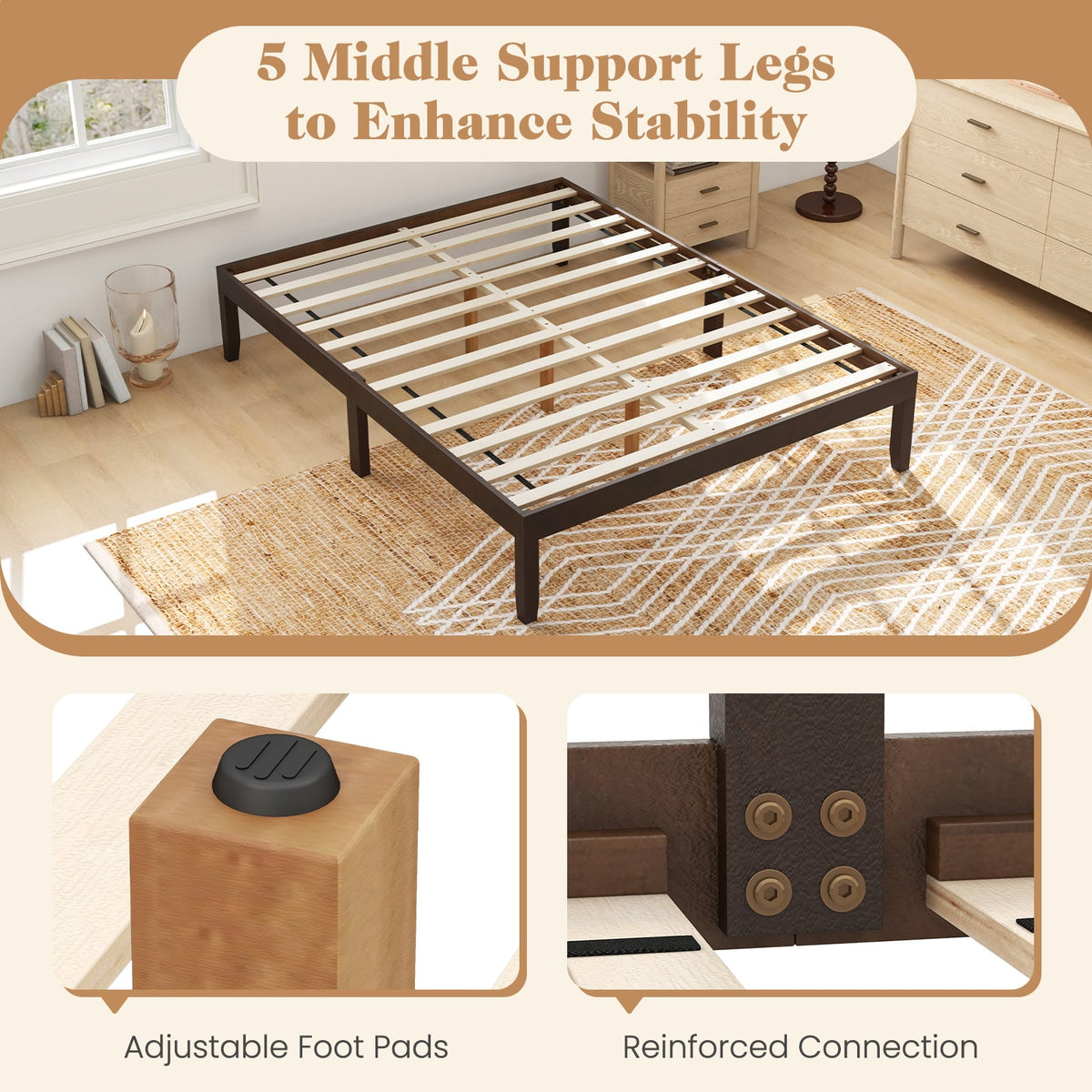 Full Wood Bed Frame with Wooden Slats Support and Rubber Wood Legs-Espresso-Simple Bed Frame-DECOROLALA