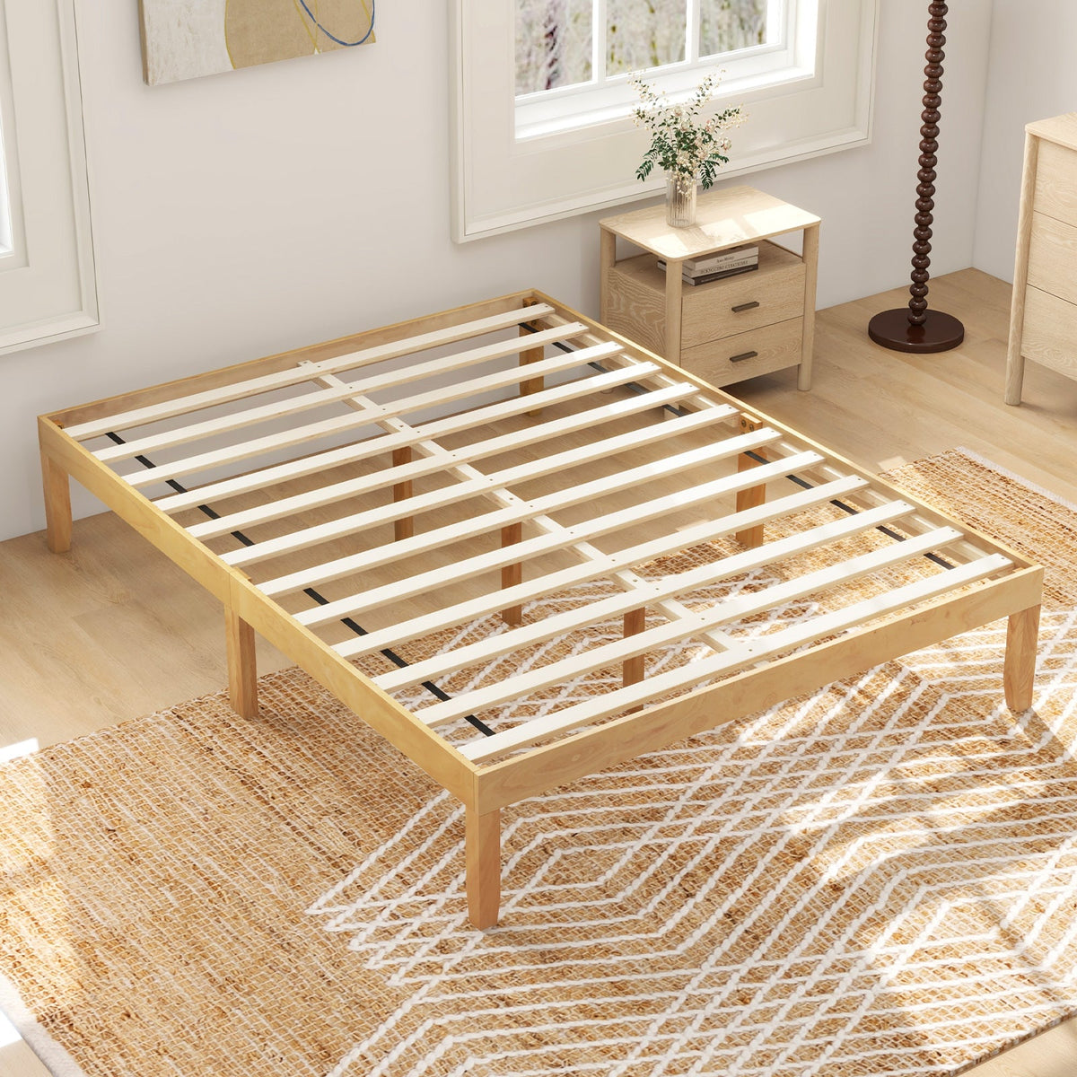 Full Wood Bed Frame with Wooden Slats Support and Rubber Wood Legs-Simple Bed Frame-DECOROLALA