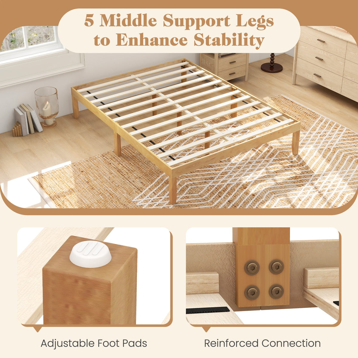 Full Wood Bed Frame with Wooden Slats Support and Rubber Wood Legs-Simple Bed Frame-DECOROLALA